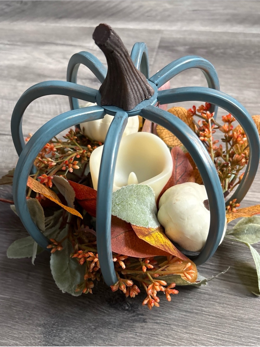 Blue Metal Pumpkin Lantern Centerpiece with battery operated candle